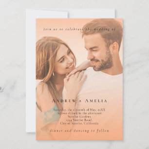 Peach Orange Fuzz Elegant Photo QR Code Wedding Invitation