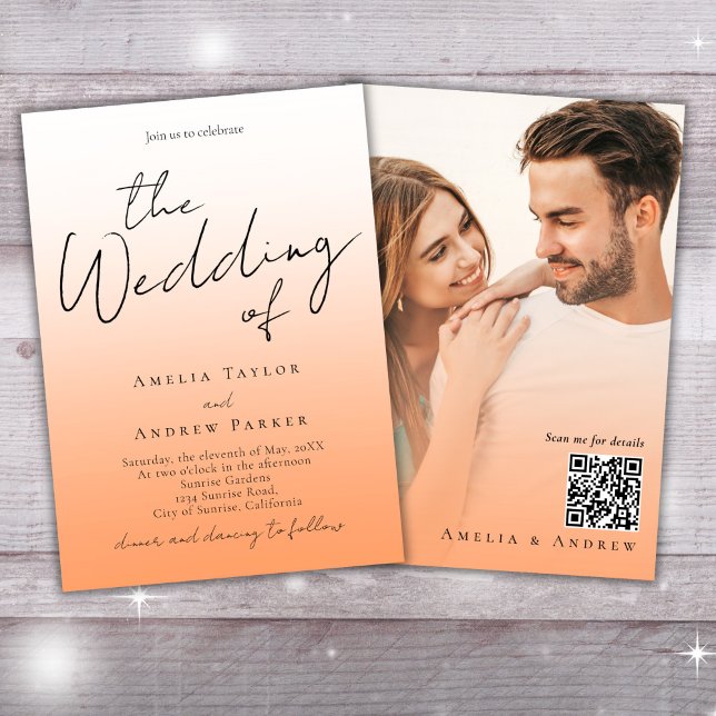 Peach Orange Fuzz Elegant Photo QR Code Wedding Invitation (Creator Uploaded)