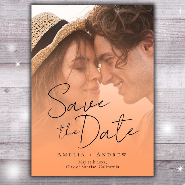 Peach Orange Fuzz Photo Elegant Script Wedding Save The Date (Creator Uploaded)