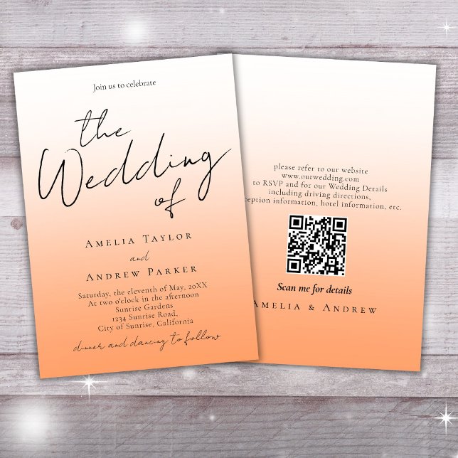 Peach Orange Fuzz Script Elegant QR Code Wedding Invitation (Creator Uploaded)
