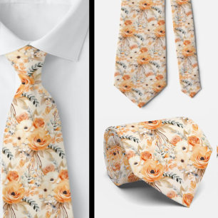 Peach Orange Gold Roses Flowers Floral Tie