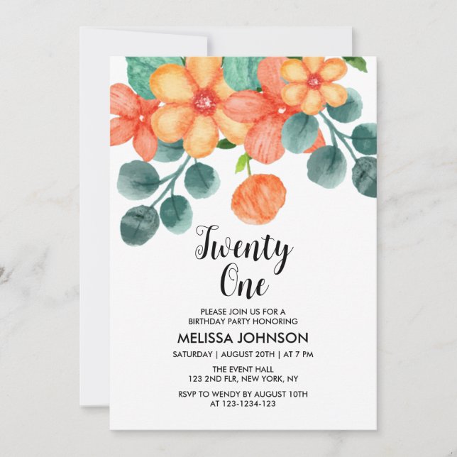 Peach Orange Greenery Spring Flower 21st Birthday Invitation (Front)