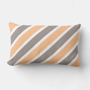 Peach Orange Grey Stripes with Name Lumbar Pillow