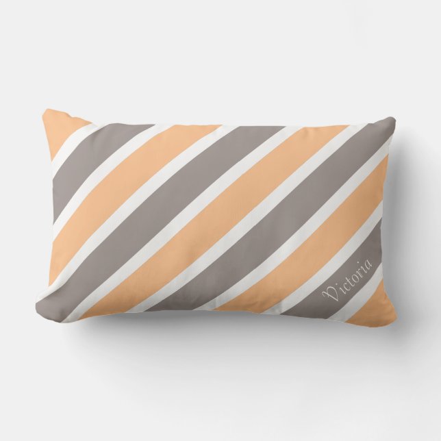 Peach Orange Grey Stripes with Name Lumbar Pillow (Front)