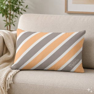 Peach Orange Grey Stripes with Name Lumbar Pillow