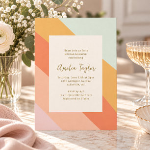 Peach Orange Mint Diagonal Stripes Bridal Shower Invitation