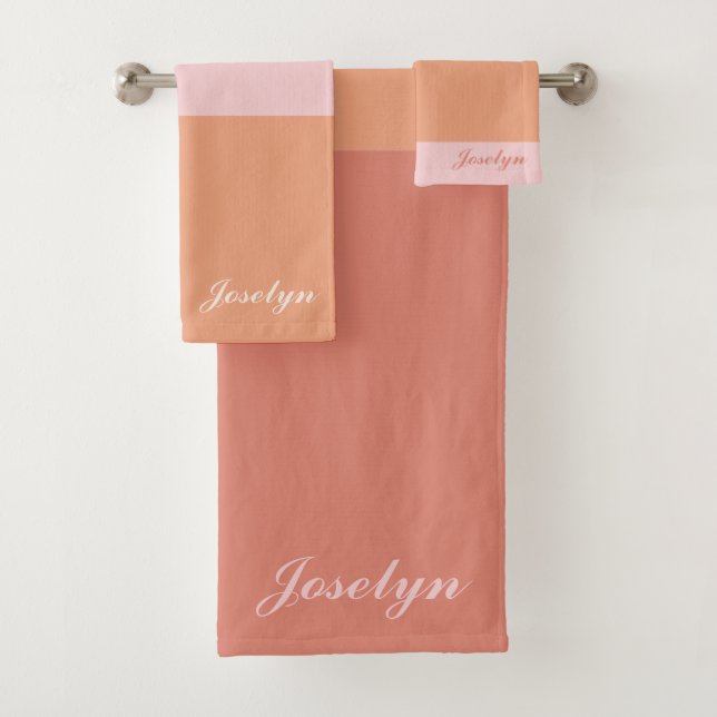 Peach Orange Ombre Modern Minimalist Name Bath Towel Set (Insitu)