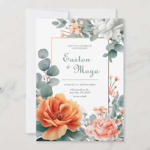 Peach Orange Peony Eucalyptus Gold Frame Invitation