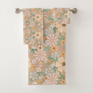 Peach Orange Pink Gray Floral Bath Towel Set