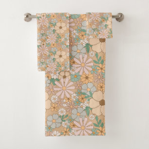 Peach Orange Pink Grey Floral Bath Towel Set