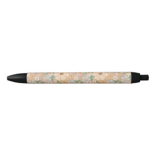 Peach Orange Pink Grey Floral Black Ink Pen