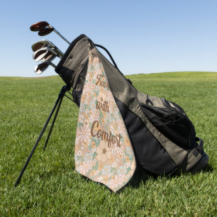 Peach Orange Pink Grey Floral  Golf Towel