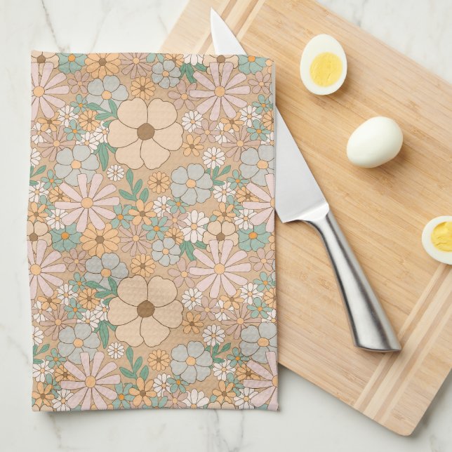 Peach Orange Pink Grey Floral Kitchen Towel (Quarter Fold)