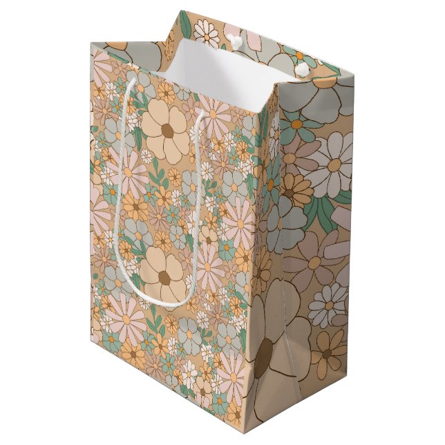 Peach Orange Pink Grey Floral Medium Gift Bag (Front Angled)