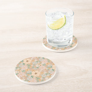 Peach Orange Pink Grey Floral sandstone Coaster