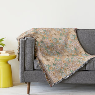 Peach Orange Pink Grey Floral Throw Blanket