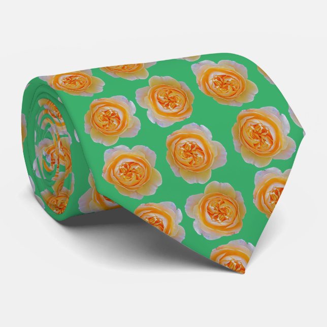 Peach Orange Rose Elegant Repeating Pattern Green Tie (Rolled)