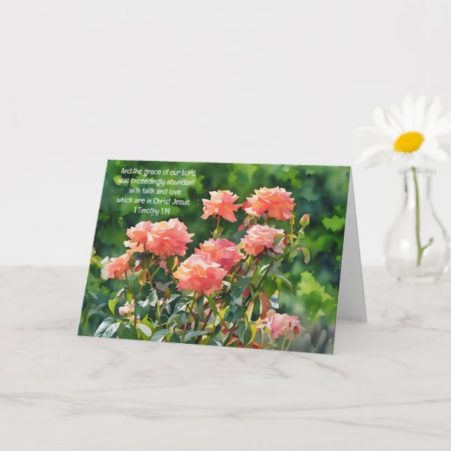 Peach Orange Roses Bible Verse Faith Art Note Card (Small Plant)