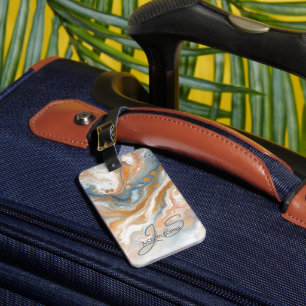 Peach Orange Teal Blue Gold Marble Art Pattern Luggage Tag