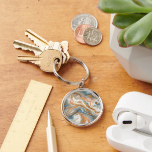 Peach Orange Teal Blue White Gold Marble Pattern Keychain