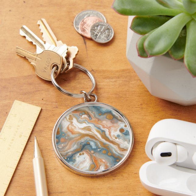Peach Orange Teal Blue White Gold Marble Pattern Keychain (Desk)