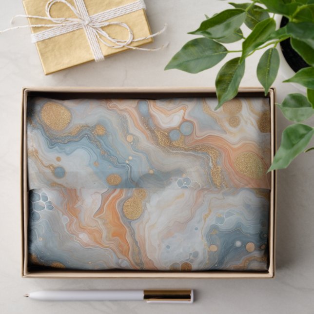 Peach Orange Teal Blue White Gold Marble Pattern Tissue Paper (Gift)