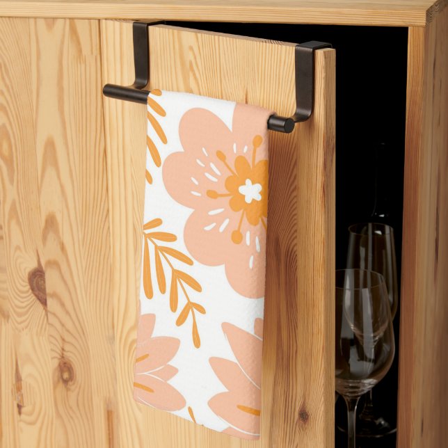 Peach Orange Tropical Floral Botanical Summer Kitchen Towel (Thirds Fold)