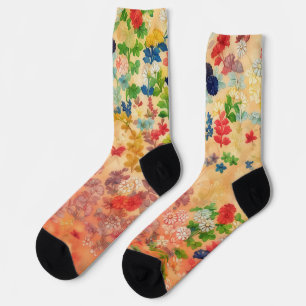 Peach Orange Vintage Style Flower Socks