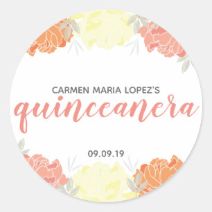 Peach Orange & Yellow Peonies Quinceañera Birthday Classic Round Sticker