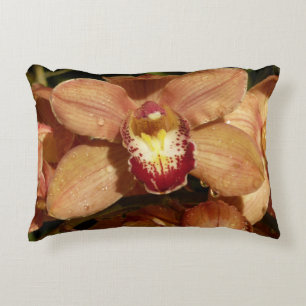 Peach Orchids with Raindrops Floral Accent Pillow