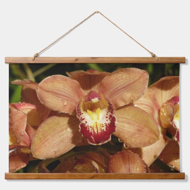 Peach Orchids with Raindrops Floral Hanging Tapestry (Front)