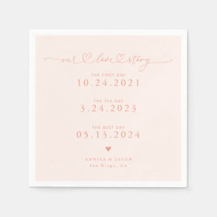 Peach Our Love Story Script Hearts Wedding Napkin