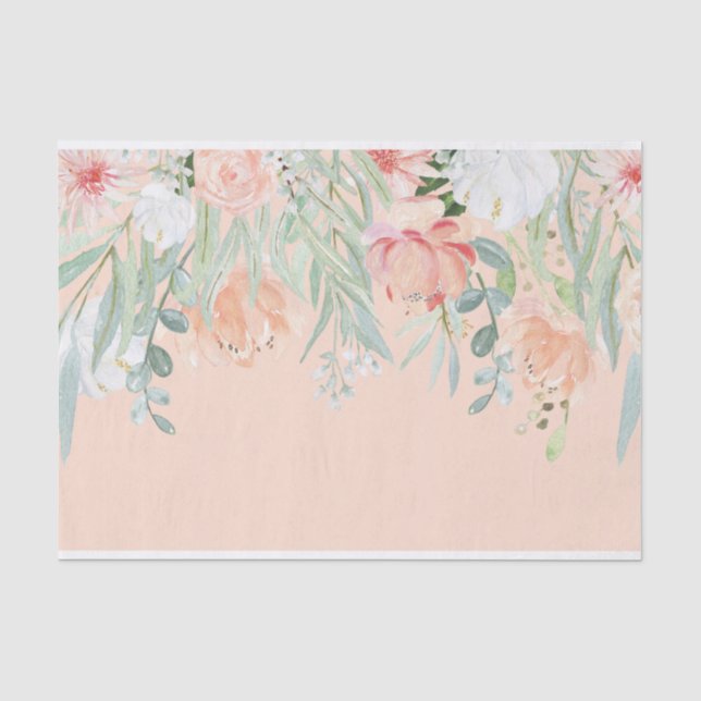Peach Pale Green Watercolor Flowers Tissue Paper (Front)