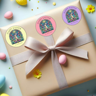 Peach Pastel Bunny Gardener Stained Glass Easter Classic Round Sticker