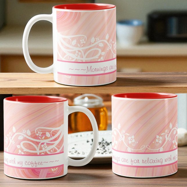 Peach Pastel Spirals and Filigree Artwork Two-Tone Coffee Mug (both sides of the handle and opposite handle view template mug)