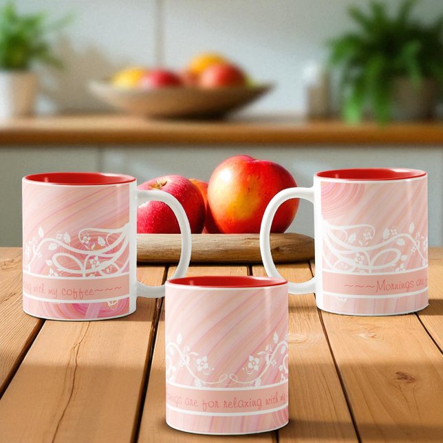 Peach Pastel Spirals and Filigree Artwork Two-Tone Coffee Mug (three side views to a template ceramic mug)