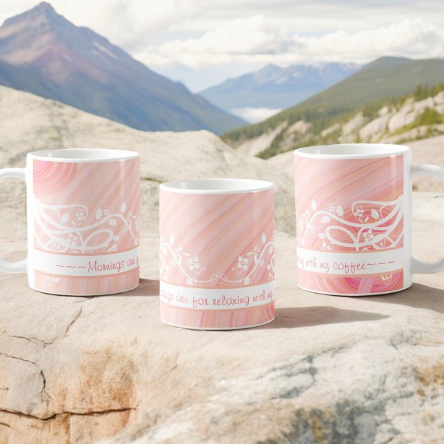 Peach Pastel Spirals Artwork Personalized Coffee Mug (left, center and right mug design with text)