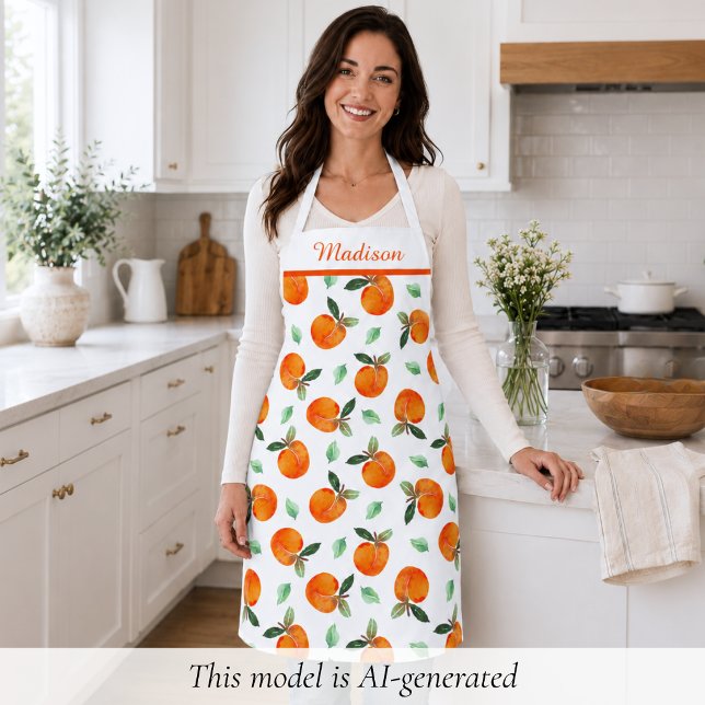 Peach Pattern Apron (elegant cute whimsical orange peach apron with custom monogram name)