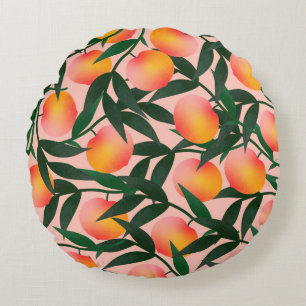 Peach pattern on pink background. Hand drawn fruit Round Pillow