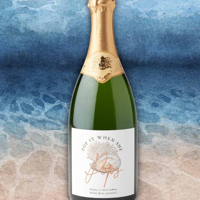 Peach Pearl Seashell Pop It When She Pops Sparkling Wine Label (Creator Uploaded)