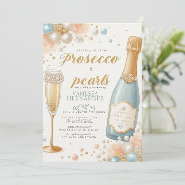 Peach Pearls and Prosecco Bridal Shower Invitation (Standing Front)