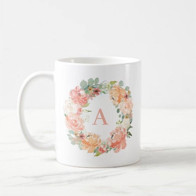 Peach Peonies and Eucalyptus Wreath Monogram Coffee Mug (Left)
