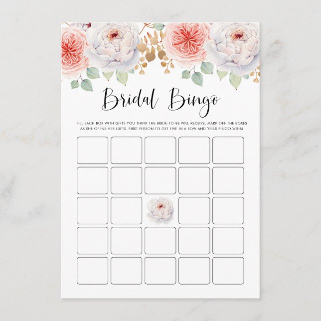 Peach Peonies and Gold Leaves Bridal Shower Bingo Enclosure Card (Front)