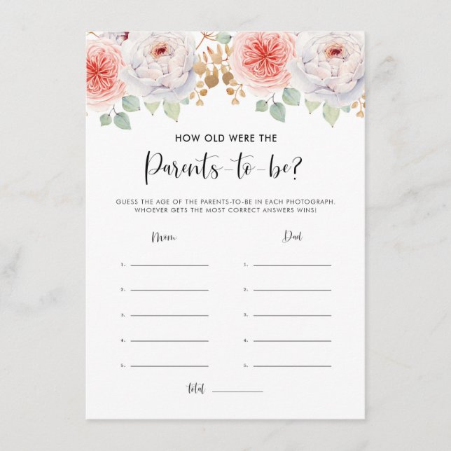 Peach Peonies and Gold Leaves Parents Age Guessing Enclosure Card (Front)