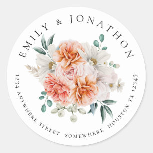Peach Peonies Florals Return Name Address  Classic Round Sticker