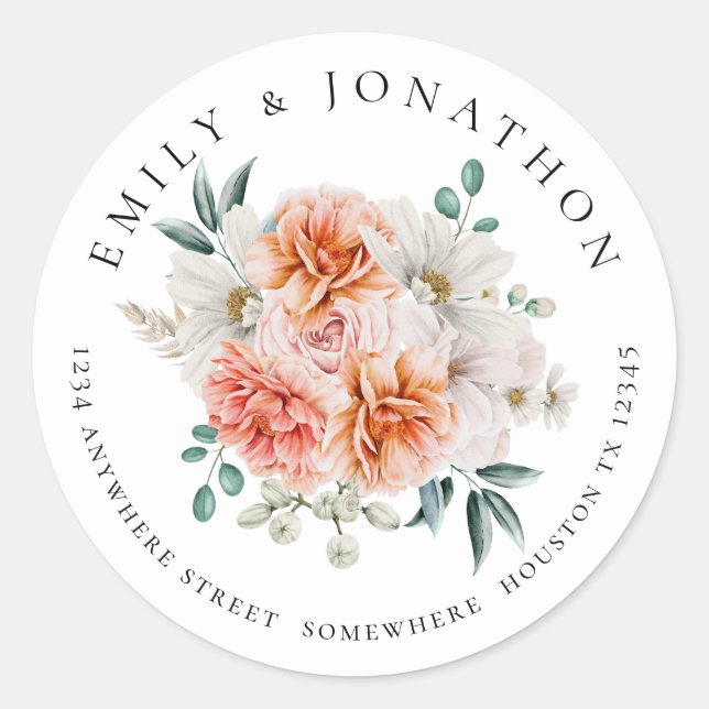 Peach Peonies Florals Return Name Address  Classic Round Sticker (Front)