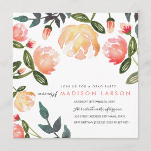 Peach Peonies Grad Party Invitation