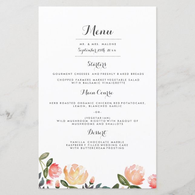 Peach Peonies Menu Mariage Dîner (Devant)