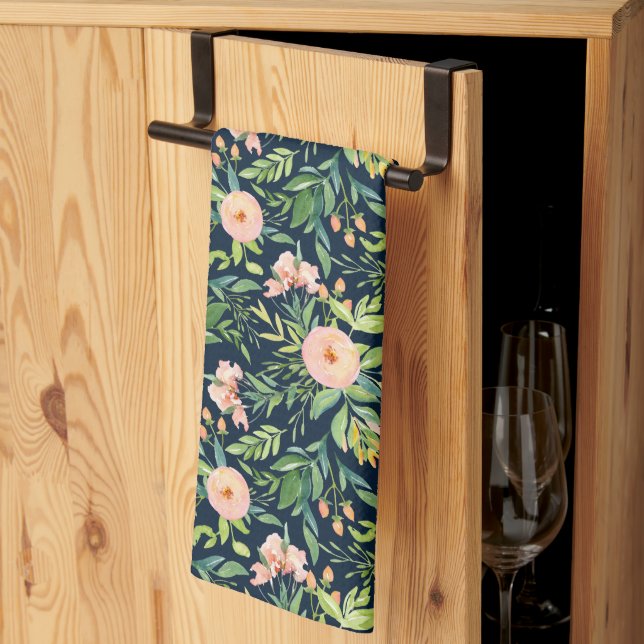Peach Peonies on Dark Blue Kitchen Towel (Thirds Fold)