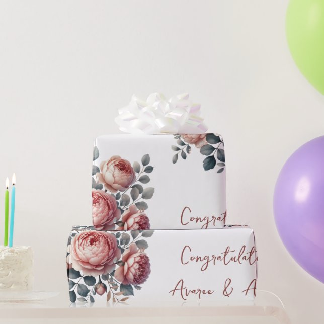 Peach Peonies On White Personalized Wedding/Shower Wrapping Paper (Party Gifts)